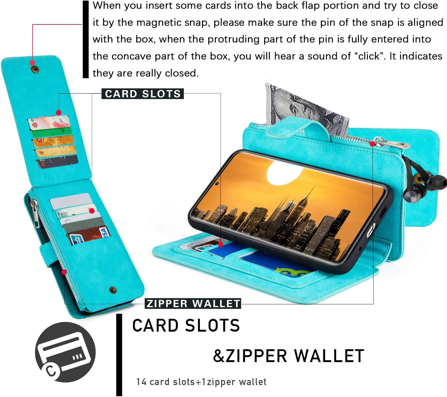 MODOS LOGICOS Case for Samsung Galaxy S20, [Detachable Wallet Folio][2 in 1][Zipper Cash Storage][Up to 14 Card Slots 1 Photo Window] PU Leather Purse with Removable Inner Magnetic TPU Case - Teal