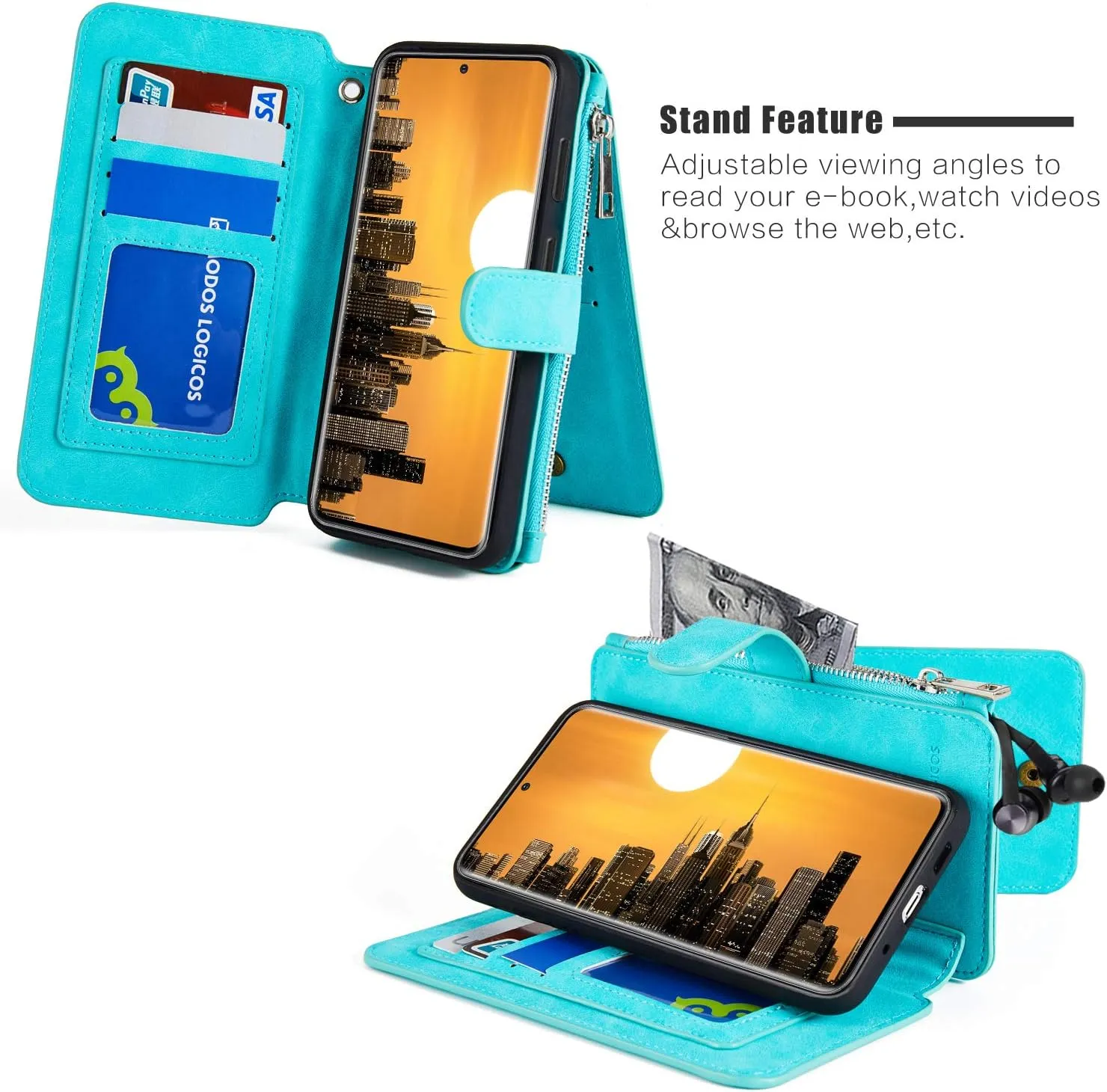 MODOS LOGICOS Case for Samsung Galaxy S20, [Detachable Wallet Folio][2 in 1][Zipper Cash Storage][Up to 14 Card Slots 1 Photo Window] PU Leather Purse with Removable Inner Magnetic TPU Case - Teal
