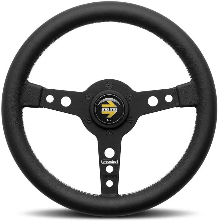 MOMO Motorsport Prototipo Street Steering Wheel,Black Leather Grip,Brushed Black Anodized Spoke,White Stitch,370mm - PRO37BK2B