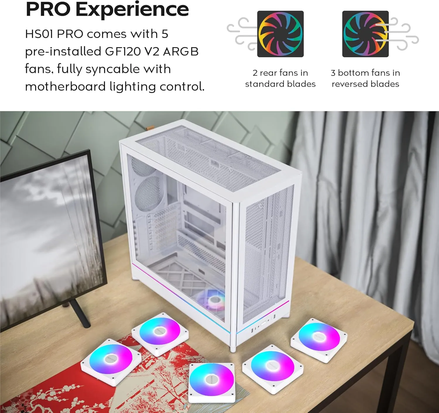 MONTECH HS01 PRO, ATX Mid-Tower PC Case, Gaming PC, High-Airflow, Reversible Layout, Mesh Front Panel, 5X ARGB PWM Fan Pre-Installed, Sink-in Design, Toolless Panels, White
