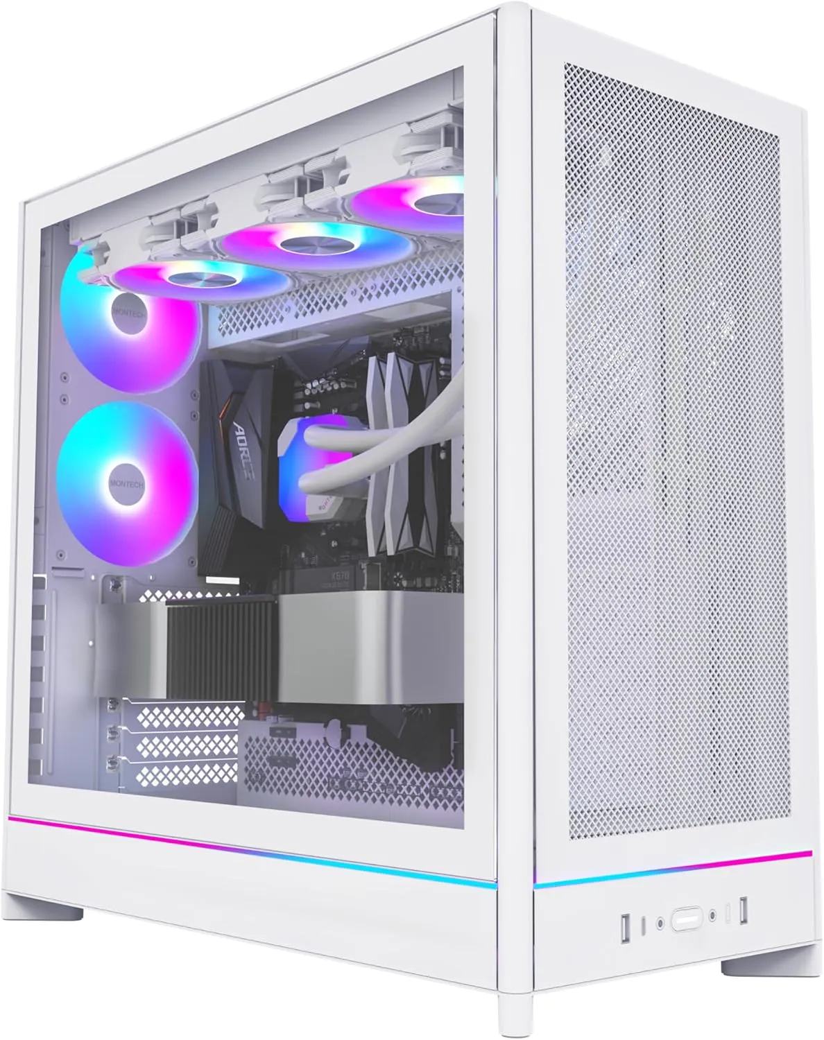 MONTECH HS01 PRO, ATX Mid-Tower PC Case, Gaming PC, High-Airflow, Reversible Layout, Mesh Front Panel, 5X ARGB PWM Fan Pre-Installed, Sink-in Design, Toolless Panels, White