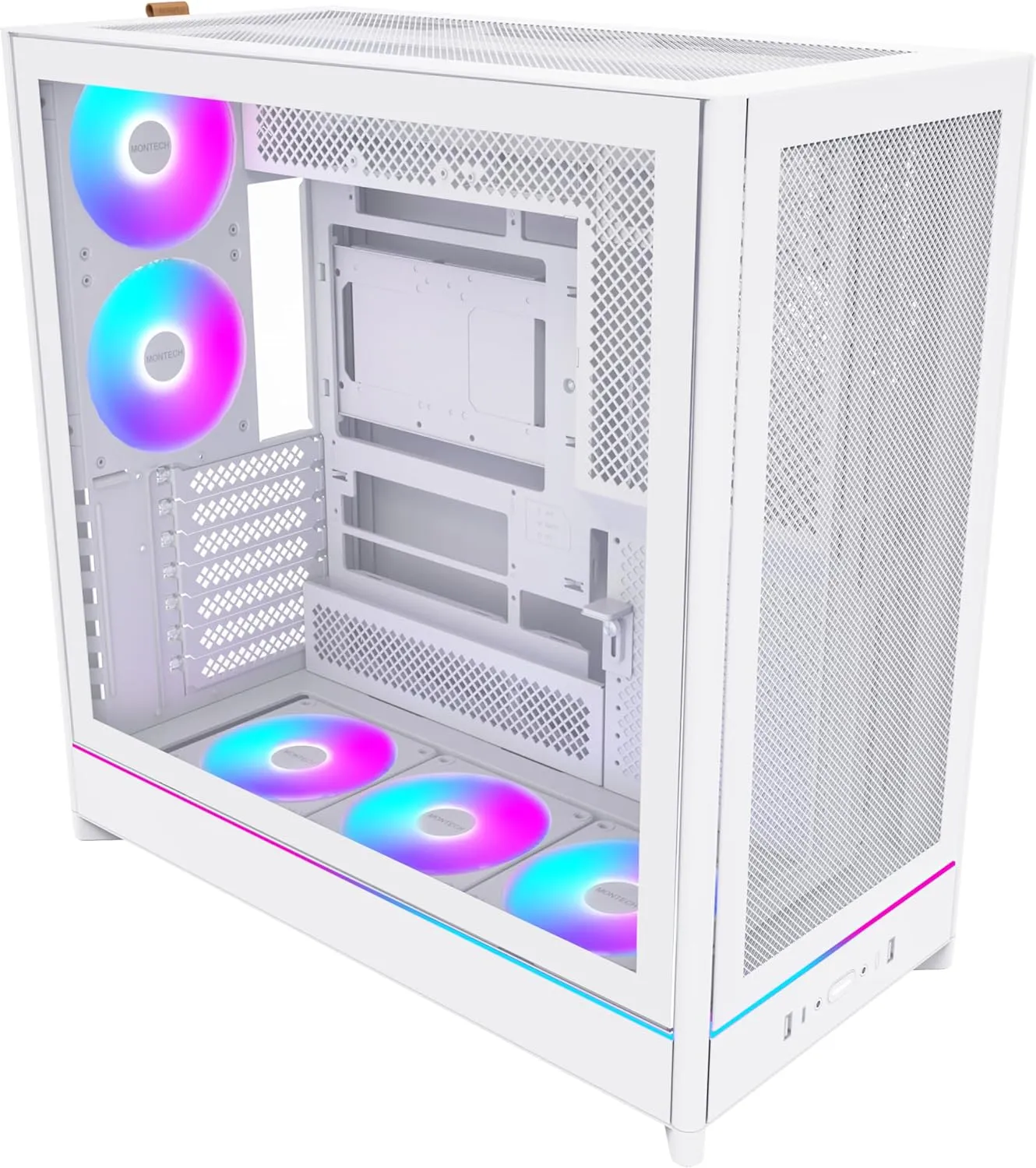 MONTECH HS01 PRO, ATX Mid-Tower PC Case, Gaming PC, High-Airflow, Reversible Layout, Mesh Front Panel, 5X ARGB PWM Fan Pre-Installed, Sink-in Design, Toolless Panels, White