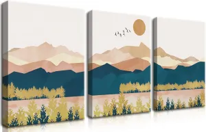 Mountain Canvas Wall Art Set of 3, Boho Abstract Sunset Nature Landscape Wall Decor, Mid Century Modern Scenery Paintings Poster Prints for Living Room, Bedroom, Office Decor 12x16 inch Framed