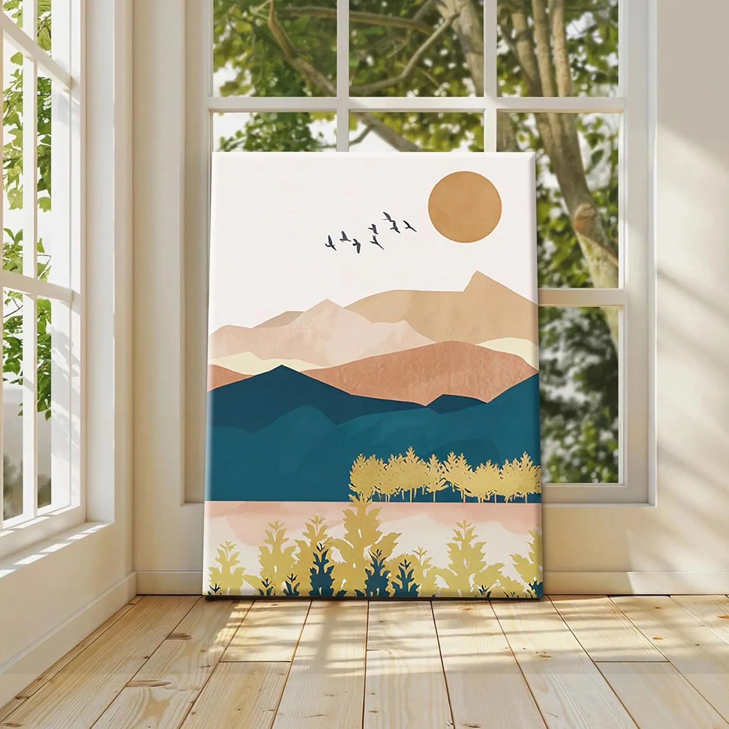 Mountain Canvas Wall Art Set of 3, Boho Abstract Sunset Nature Landscape Wall Decor, Mid Century Modern Scenery Paintings Poster Prints for Living Room, Bedroom, Office Decor 12x16 inch Framed