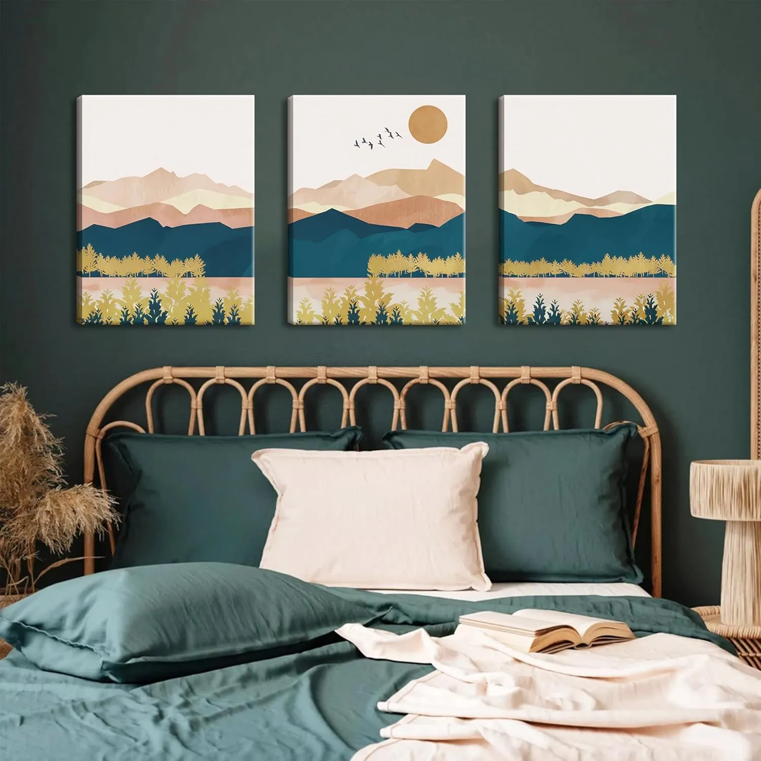 Mountain Canvas Wall Art Set of 3, Boho Abstract Sunset Nature Landscape Wall Decor, Mid Century Modern Scenery Paintings Poster Prints for Living Room, Bedroom, Office Decor 12x16 inch Framed