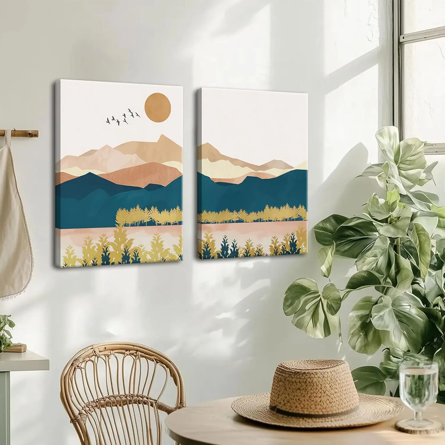 Mountain Canvas Wall Art Set of 3, Boho Abstract Sunset Nature Landscape Wall Decor, Mid Century Modern Scenery Paintings Poster Prints for Living Room, Bedroom, Office Decor 12x16 inch Framed