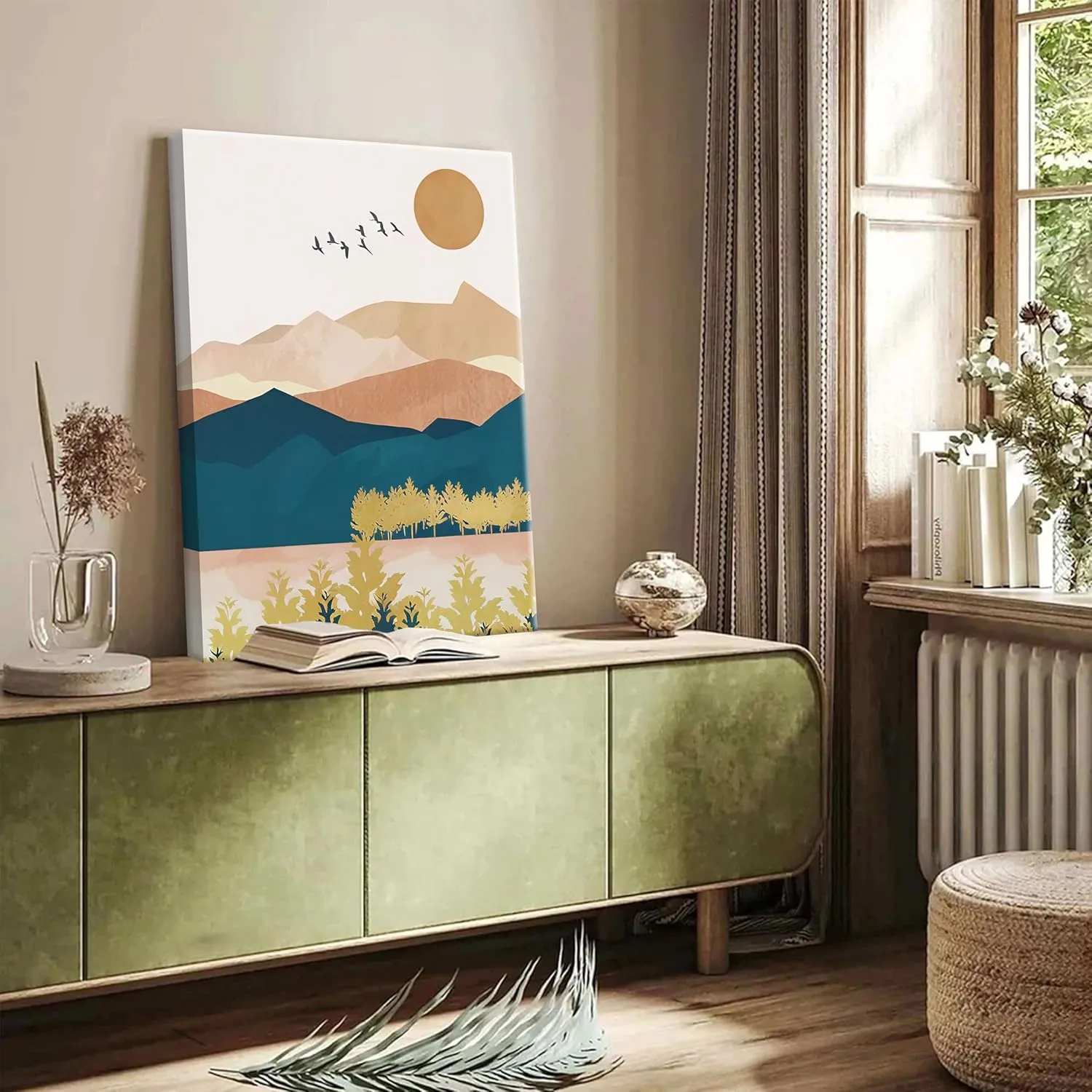 Mountain Canvas Wall Art Set of 3, Boho Abstract Sunset Nature Landscape Wall Decor, Mid Century Modern Scenery Paintings Poster Prints for Living Room, Bedroom, Office Decor 12x16 inch Framed