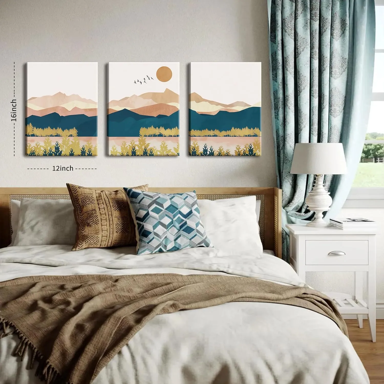 Mountain Canvas Wall Art Set of 3, Boho Abstract Sunset Nature Landscape Wall Decor, Mid Century Modern Scenery Paintings Poster Prints for Living Room, Bedroom, Office Decor 12x16 inch Framed
