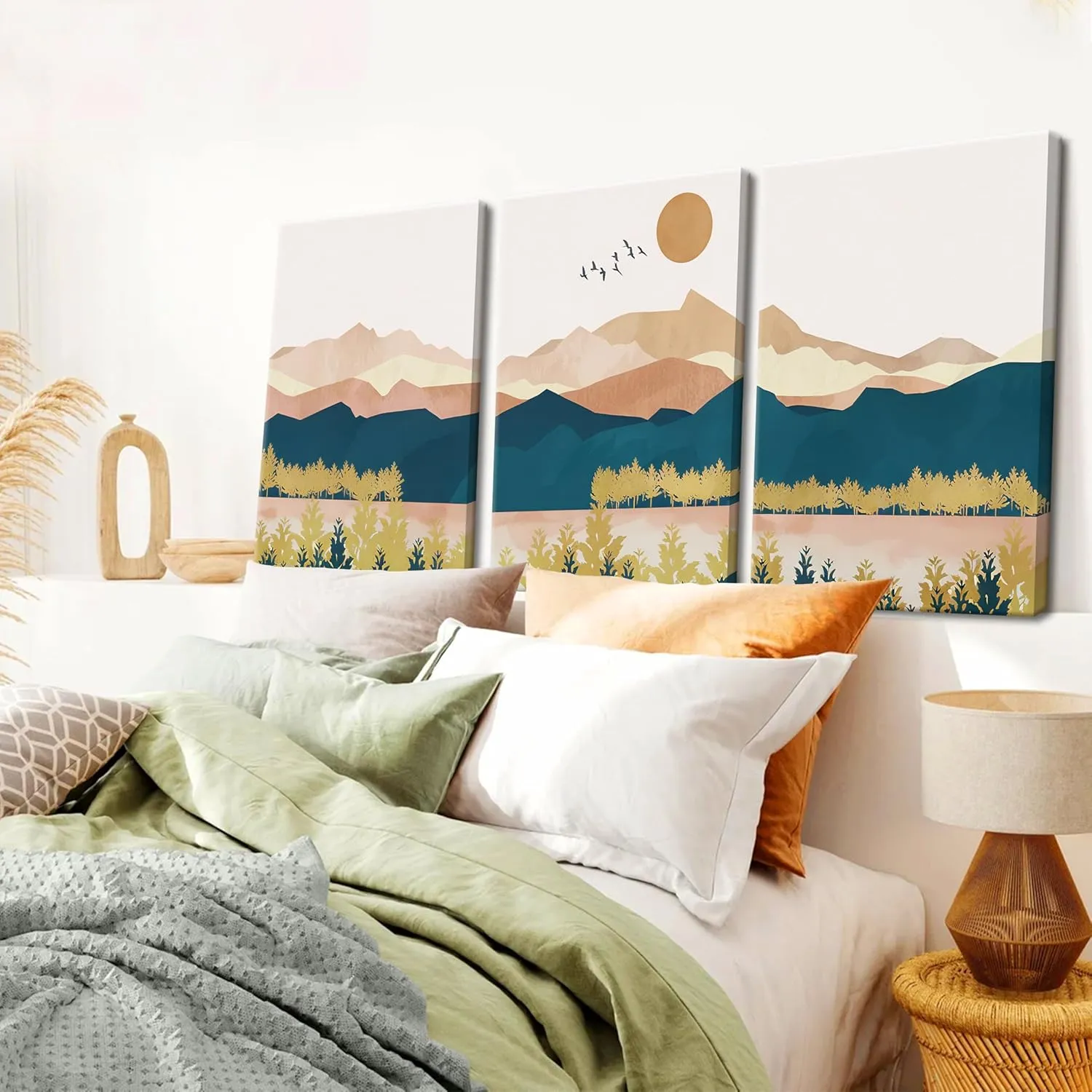 Mountain Canvas Wall Art Set of 3, Boho Abstract Sunset Nature Landscape Wall Decor, Mid Century Modern Scenery Paintings Poster Prints for Living Room, Bedroom, Office Decor 12x16 inch Framed