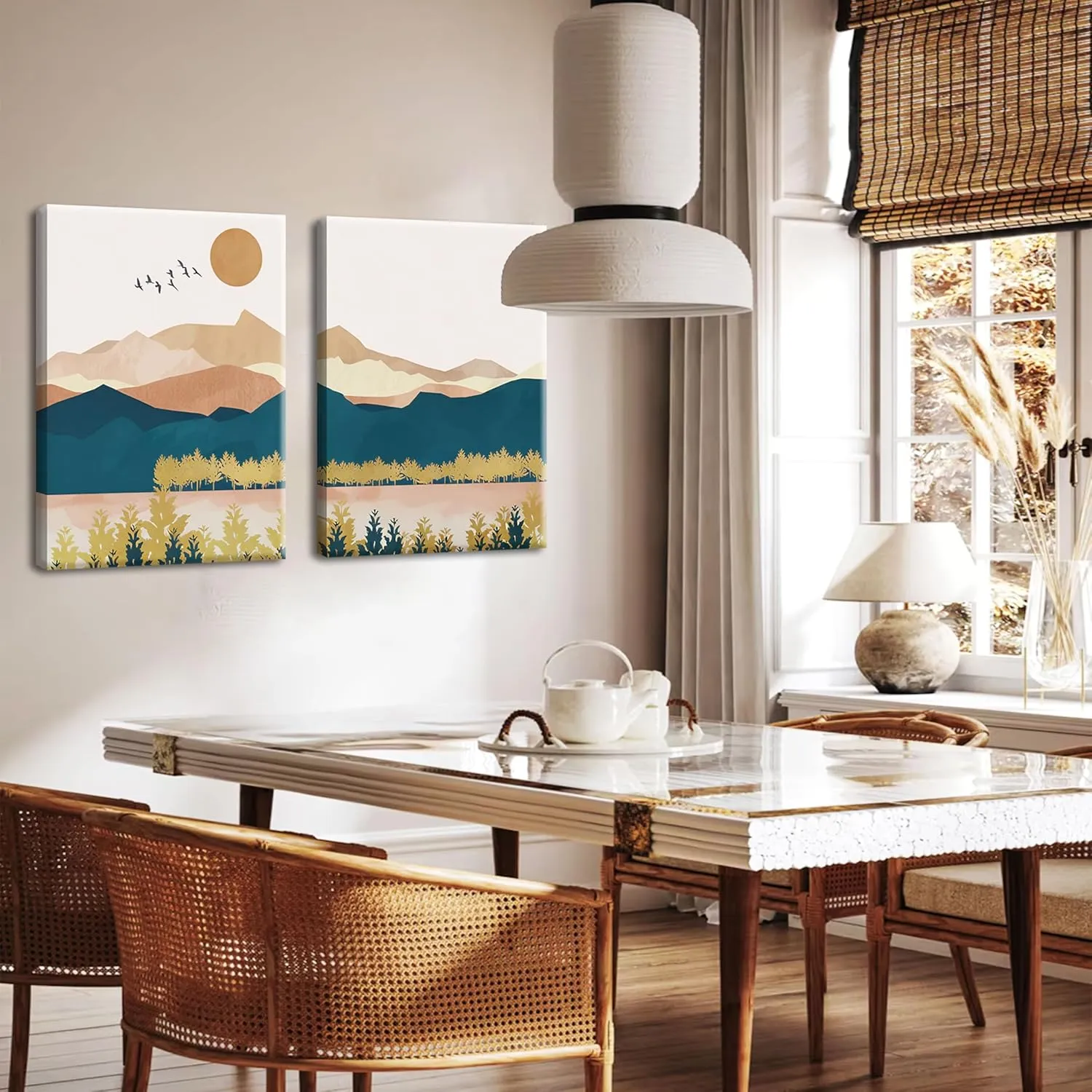 Mountain Canvas Wall Art Set of 3, Boho Abstract Sunset Nature Landscape Wall Decor, Mid Century Modern Scenery Paintings Poster Prints for Living Room, Bedroom, Office Decor 12x16 inch Framed