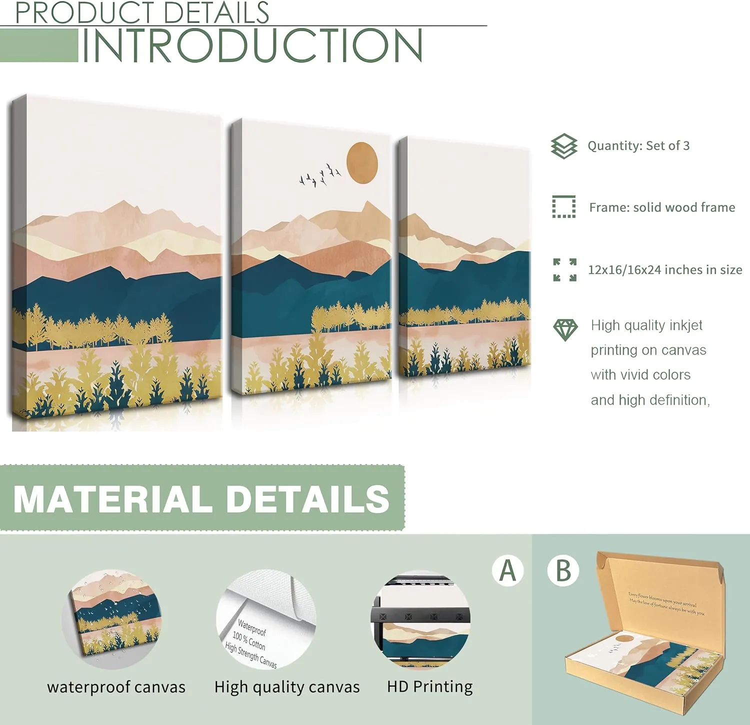 Mountain Canvas Wall Art Set of 3, Boho Abstract Sunset Nature Landscape Wall Decor, Mid Century Modern Scenery Paintings Poster Prints for Living Room, Bedroom, Office Decor 12x16 inch Framed