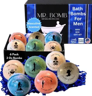 Mr. Bomb Dude Bath Bombs for Men, Infused for Guy Relaxation, Gift for Him, Manly Bath Soak, Masculine Scents for Men, Relaxing Bliss for The Gents - USA Crafted 6 Pk Male Set - Man-Up Collection