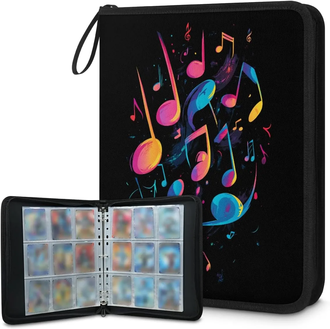 Musical Notes Trading Card Binder 4 Pocket 400 Cards Holder Collector Album with 50 Removable Sleeves Toys Gifts for Boys Girls Colorful Dark Game Sports Cards