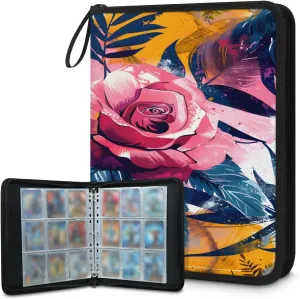 Mystical Roses 3 Ring Trading Zipper Binder Strap, Trading Card Binder 4 Pocket, 400 Pockets Card Holder with 50 Removable Sleeves for Game Cards