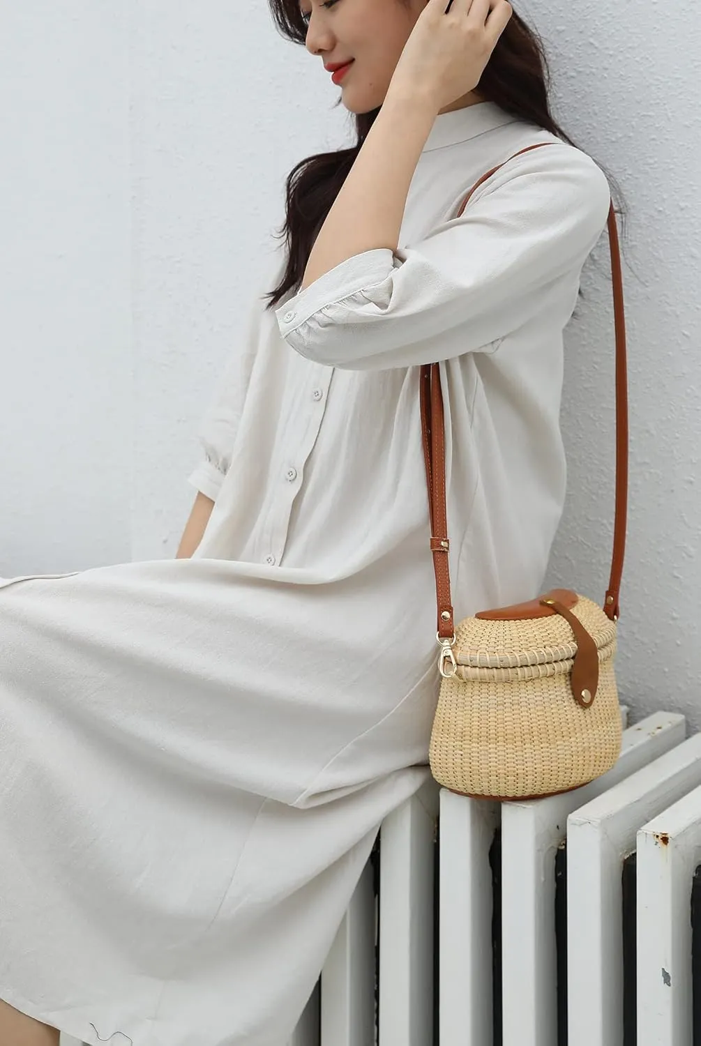 Nantucket Crescent Purse Basket Shoulder Leather Straps Natural Chic Hand Handwoven Purse Crossbody Rattan Bag