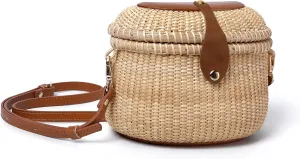 Nantucket Crescent Purse Basket Shoulder Leather Straps Natural Chic Hand Handwoven Purse Crossbody Rattan Bag