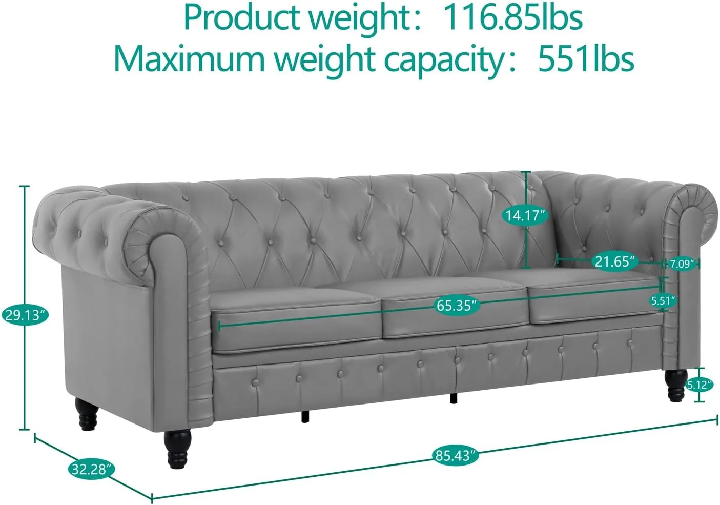 Naomi Home Chesterfield Accent Chair and Loveseat Set, Stylish Tufted Leather Couch and Chair for Living Room or Bedroom Furniture, Modern Design Gray/PU/Sofa