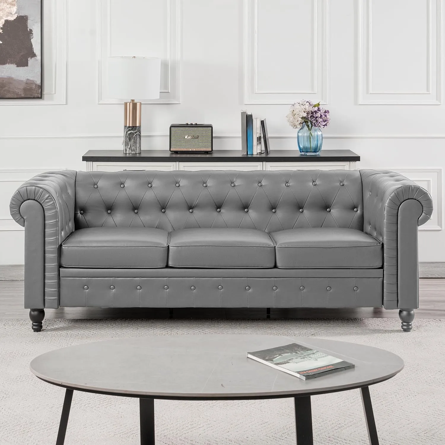 Naomi Home Chesterfield Accent Chair and Loveseat Set, Stylish Tufted Leather Couch and Chair for Living Room or Bedroom Furniture, Modern Design Gray/PU/Sofa