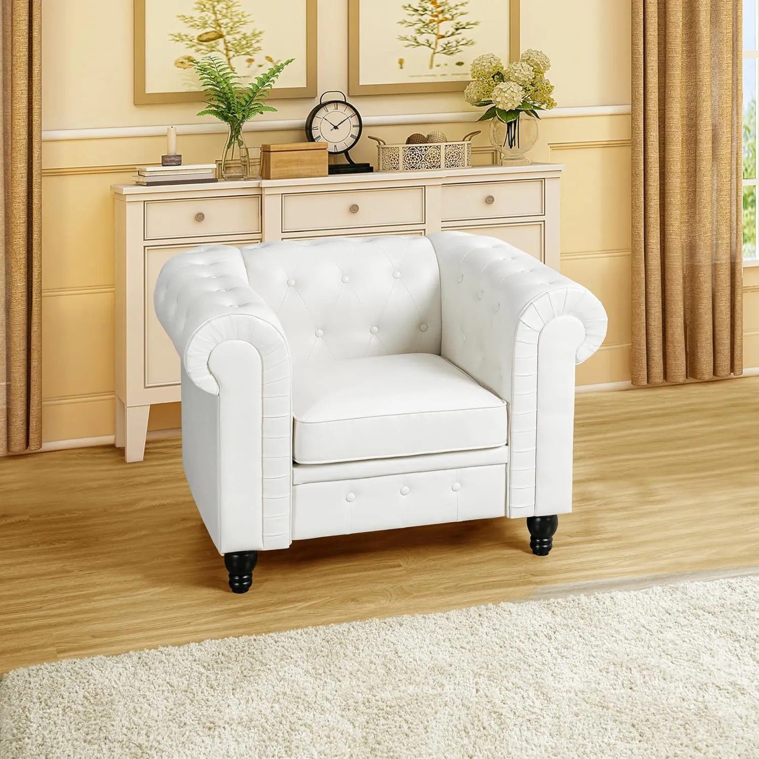 Naomi Home Chesterfield Accent Chair Only Living Room Chair Juegos Leather Couch Sofa for Bedroom Modern Chesterfield Tufted Leather Sofas for Living Room Off White Sofa