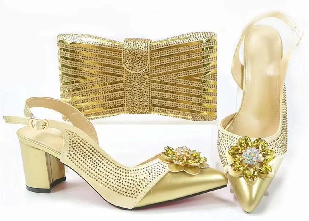 Nigerian Gold Wedding Shoes and Bag Set Italian Design Rhinestone Women's High Heels and Party Bag Set