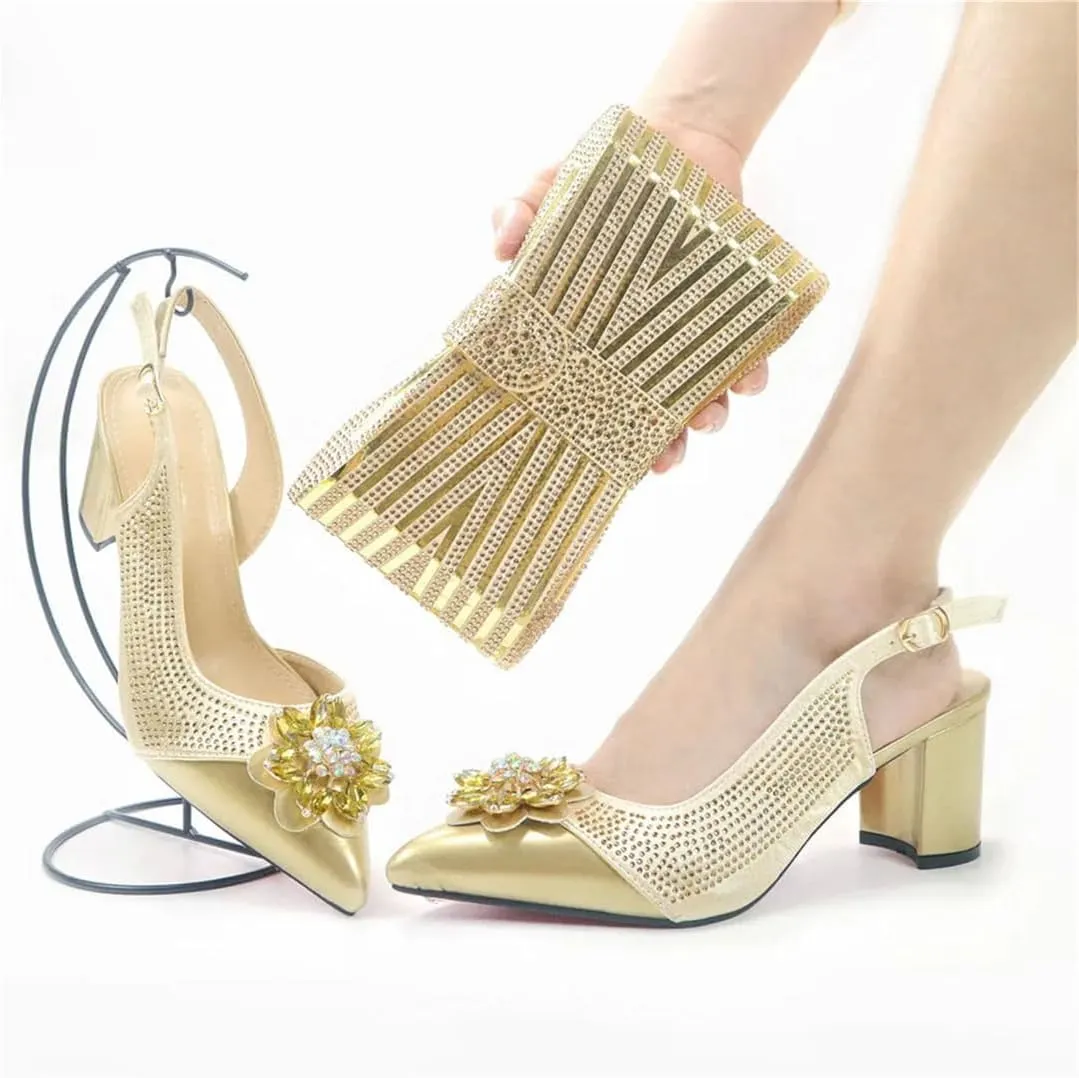 Nigerian Gold Wedding Shoes and Bag Set Italian Design Rhinestone Women's High Heels and Party Bag Set