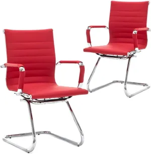 No Wheels Reception Chairs Waiting Room Chair Leather Conference Chairs Back Support Heavy Duty Office Chair with Arm, Set of 2 (Deep Red)