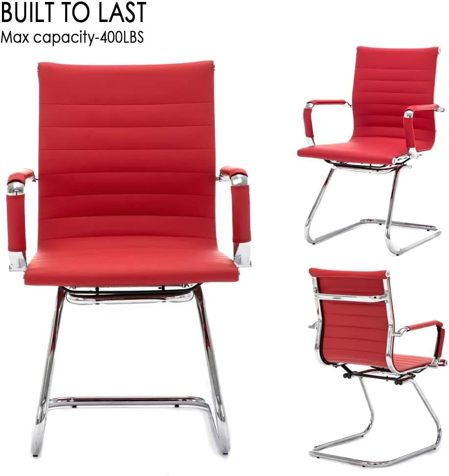 No Wheels Reception Chairs Waiting Room Chair Leather Conference Chairs Back Support Heavy Duty Office Chair with Arm, Set of 2 (Deep Red)
