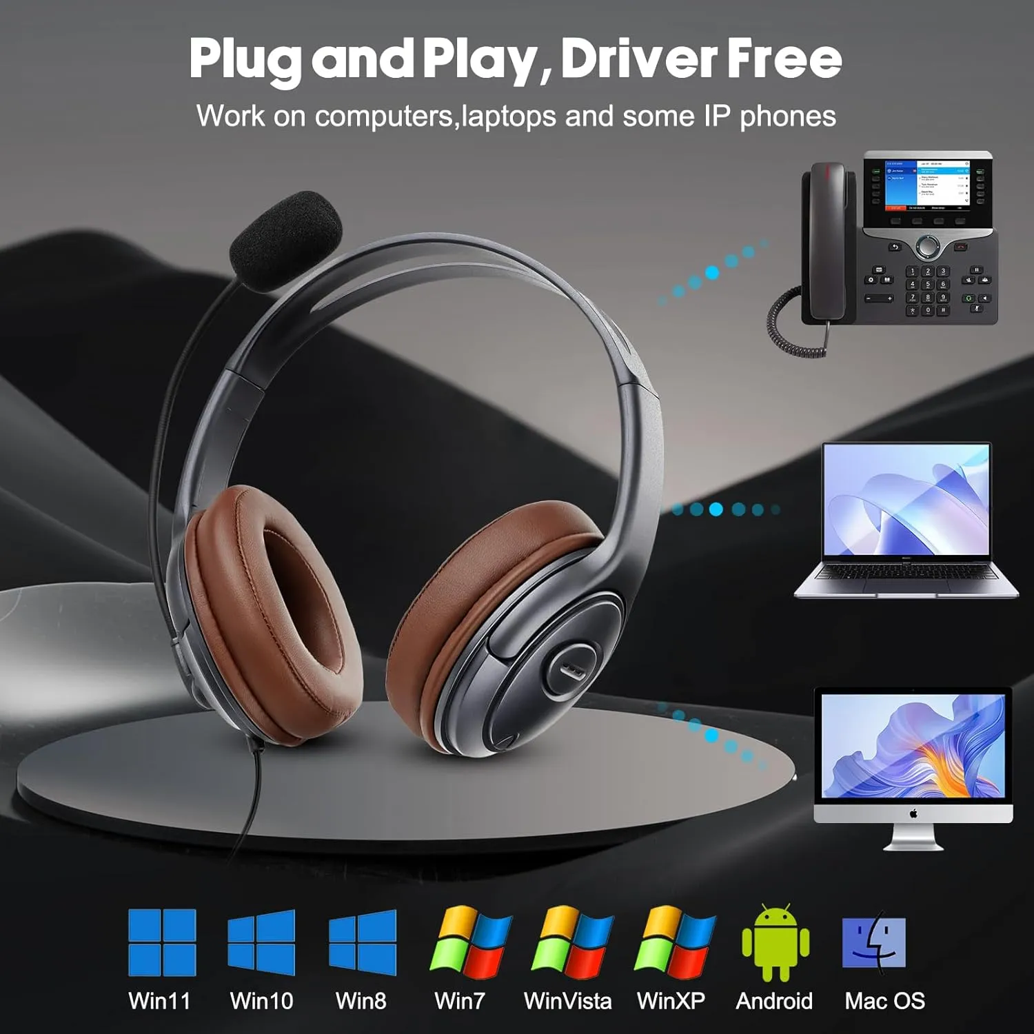 Noise Canceling USB Headphones with Microphone & in-Line Controls for Dragon Dictation, Over Ear PC Headphones for Office Work from Home Skype Teams Zoom Meeting WebEx Softphone