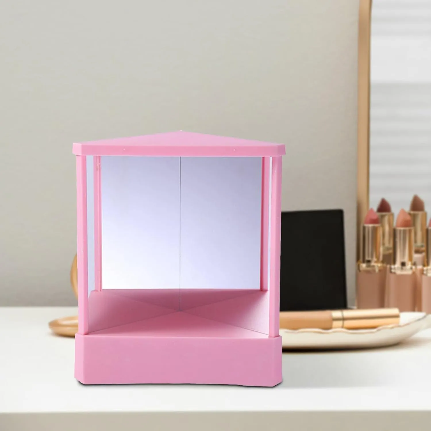 Non-Reversing Mirror - True Reflection Standing Cosmetic Mirror for Makeup Hair Styling Grooming Facial Correction, Tri Mirror Design Enhances Self-Awareness, Ideal Gift for Women Girls (Pink)