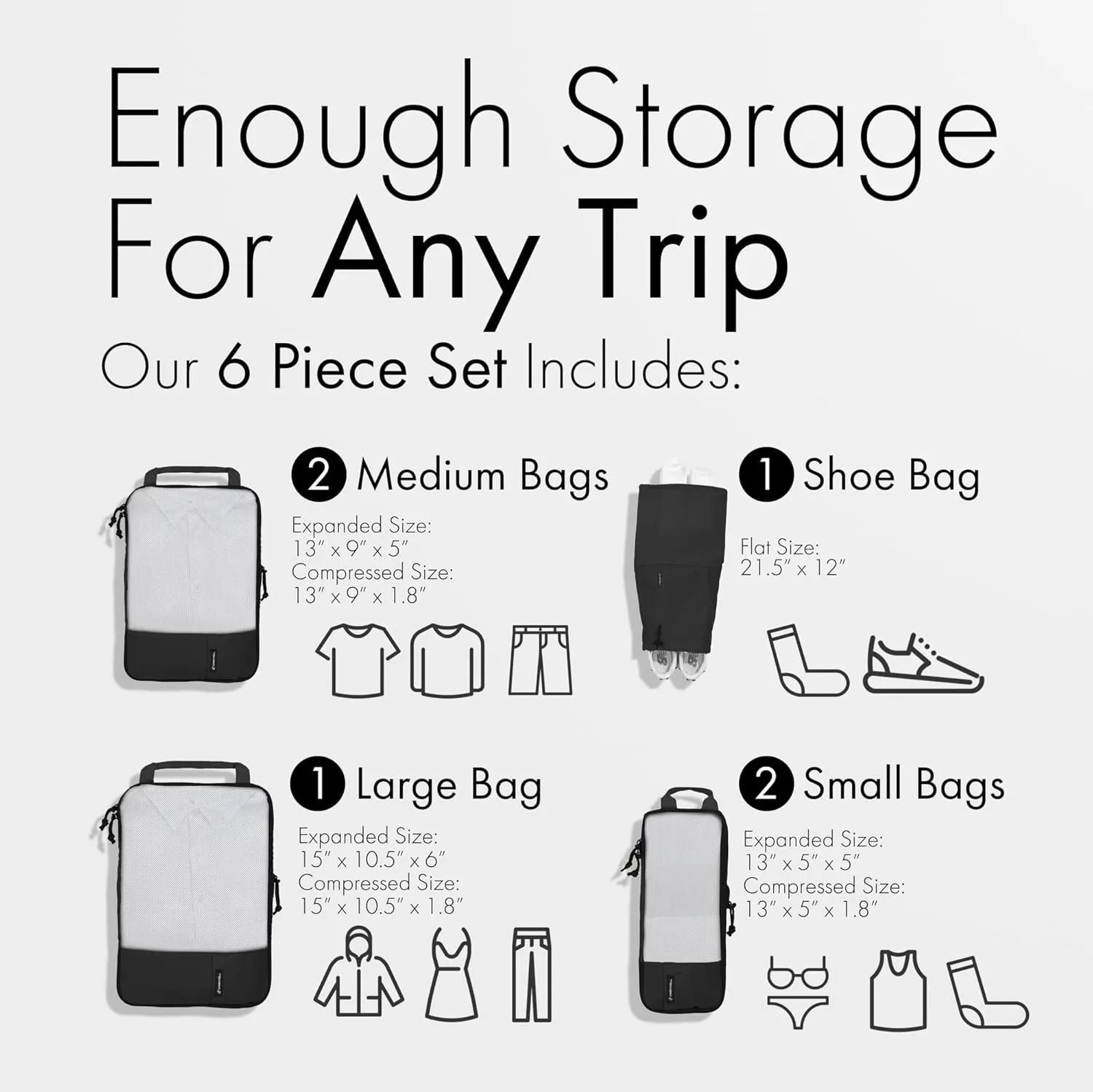 (Not Made In China) Compression Packing Cubes For Travel 6pc Set, Suitcase and Luggage Organizer Bags, Lightweight, Durable (Black)