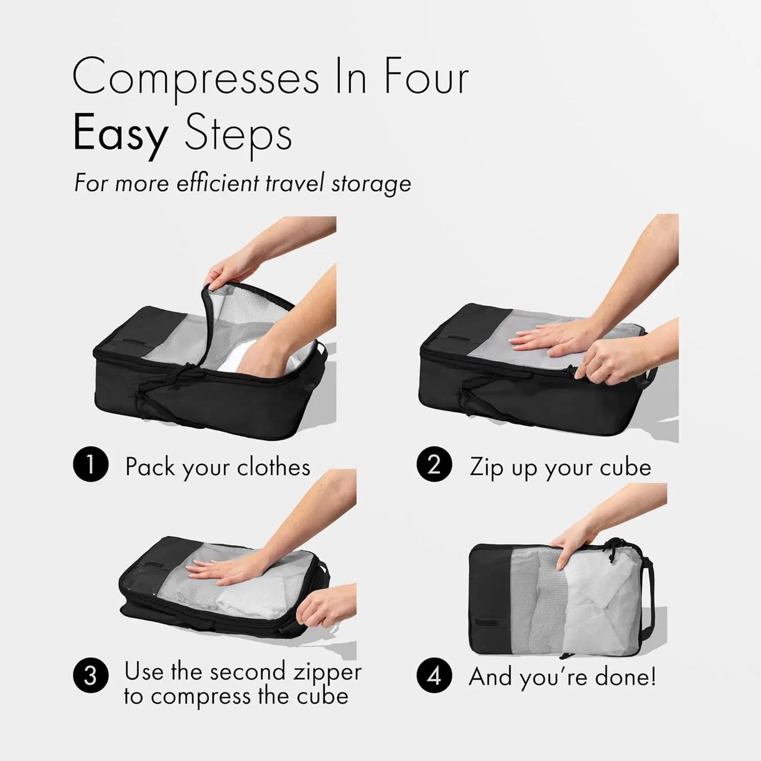 (Not Made In China) Compression Packing Cubes For Travel 6pc Set, Suitcase and Luggage Organizer Bags, Lightweight, Durable (Black)