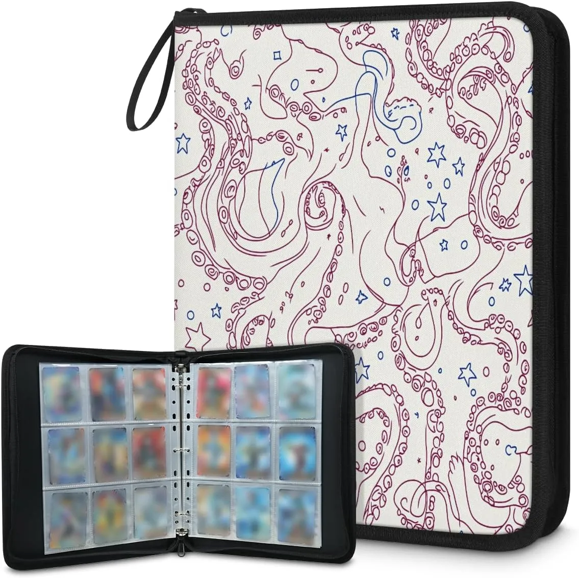 Octopus Tentacle Trading Card Binder 4 Pocket 400 Cards Holder Collector Album with 50 Removable Sleeves Toys Gifts for Boys Girls Sea Ocean Fish Game Sports Cards
