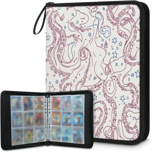 Octopus Tentacle Trading Card Binder 4 Pocket 400 Cards Holder Collector Album with 50 Removable Sleeves Toys Gifts for Boys Girls Sea Ocean Fish Game Sports Cards