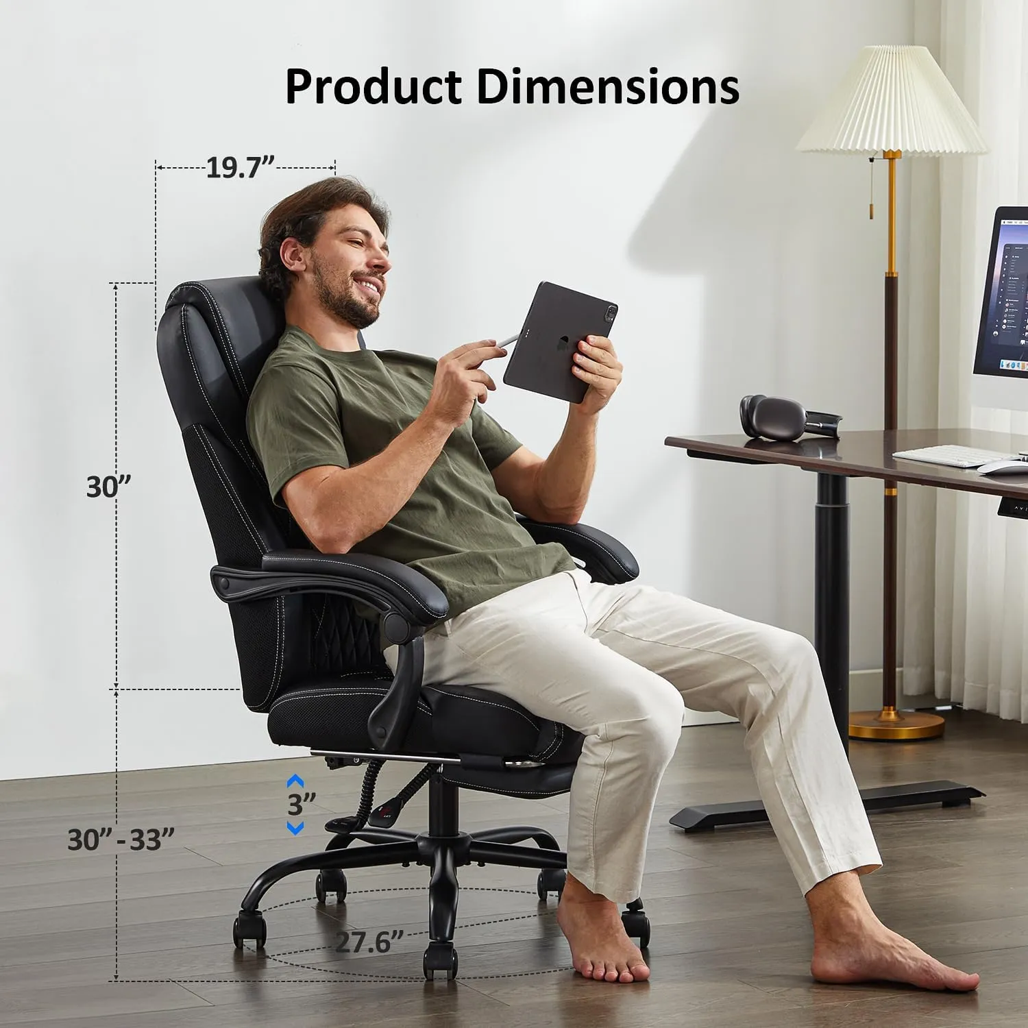 Office Chair, Big and Tall Office Chair with Foot Rest Ergonomic Chair for Home Desk, Reclining High Back Leather Chairs with Lumbar Support(Black)