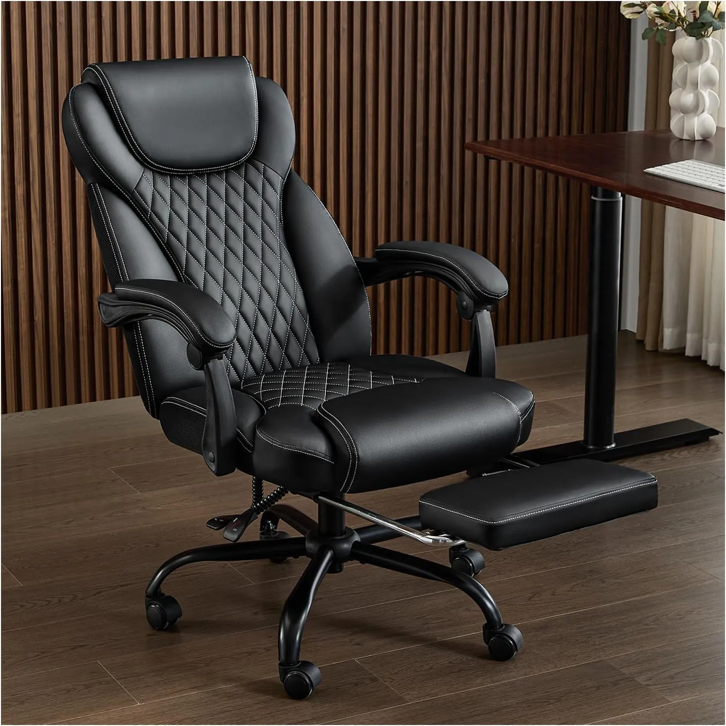 Office Chair, Big and Tall Office Chair with Foot Rest Ergonomic Chair for Home Desk, Reclining High Back Leather Chairs with Lumbar Support(Black)