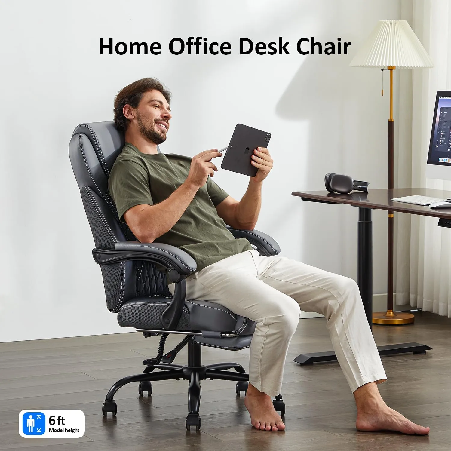 Office Chair, Big and Tall Office Chair with Foot Rest Ergonomic Chair Home Office Desk Chairs Reclining High Back Leather Chair with Lumbar Support(Gray)