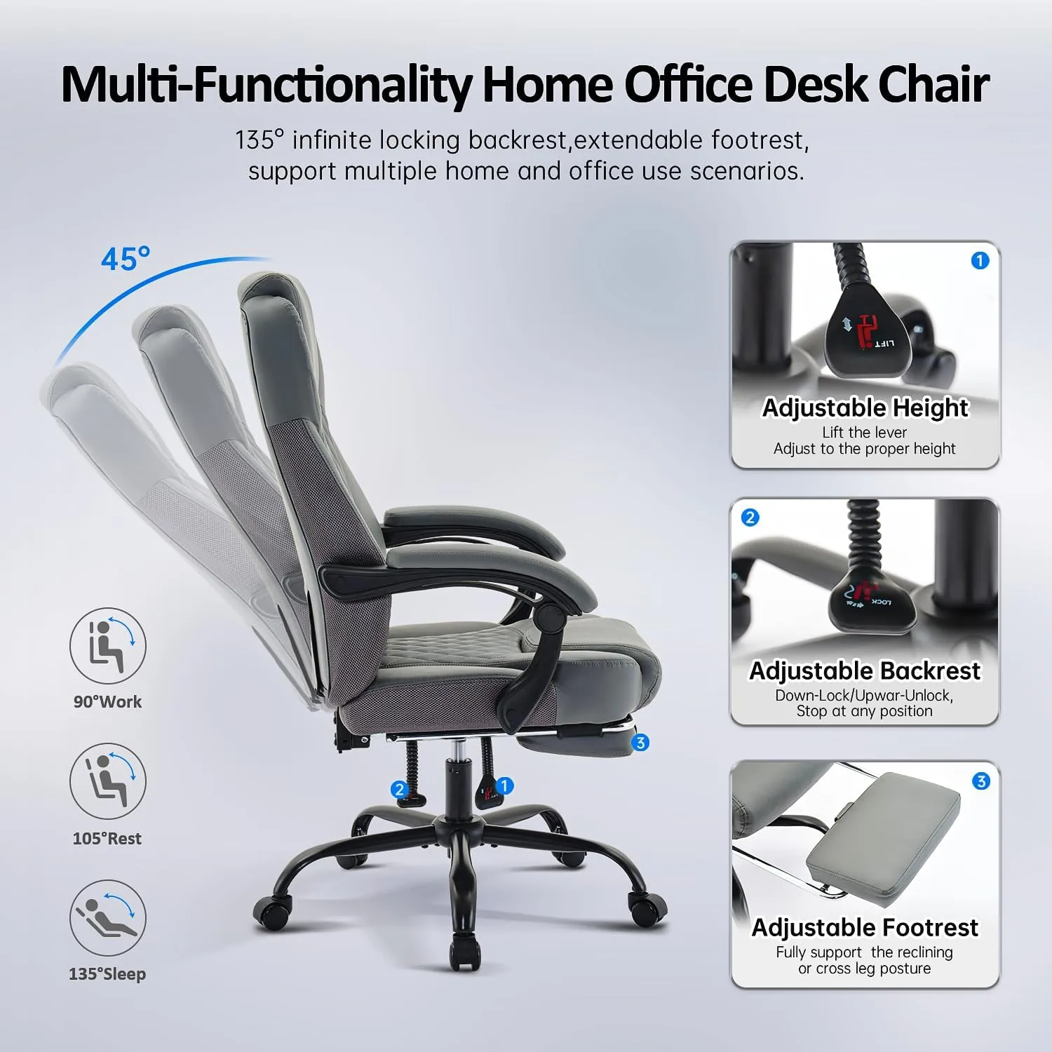 Office Chair, Big and Tall Office Chair with Foot Rest Ergonomic Chair Home Office Desk Chairs Reclining High Back Leather Chair with Lumbar Support(Gray)