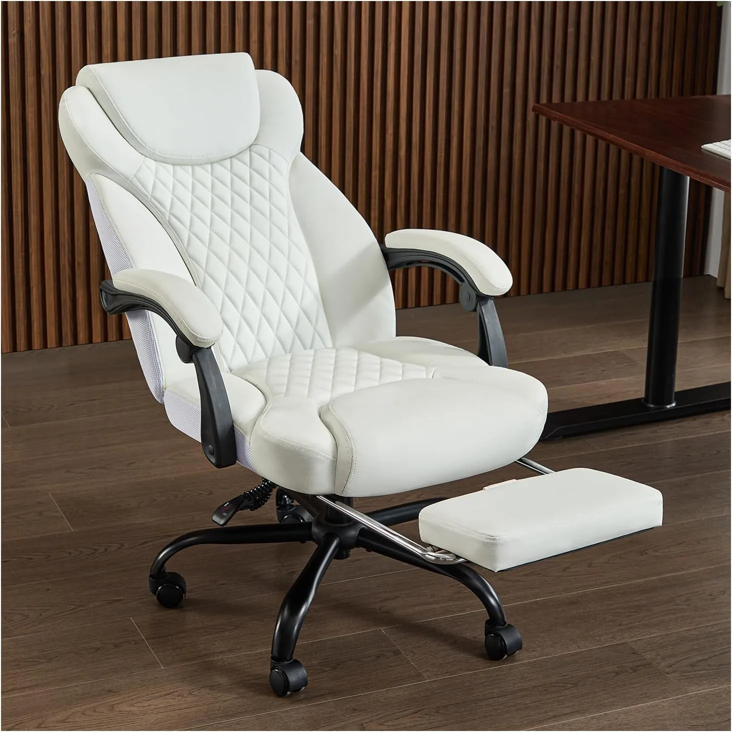 Office Chair, Big and Tall Office Chair with Foot Rest Ergonomic Chair Home Office Desk Chairs Reclining High Back Leather Chair with Lumbar Support(White)