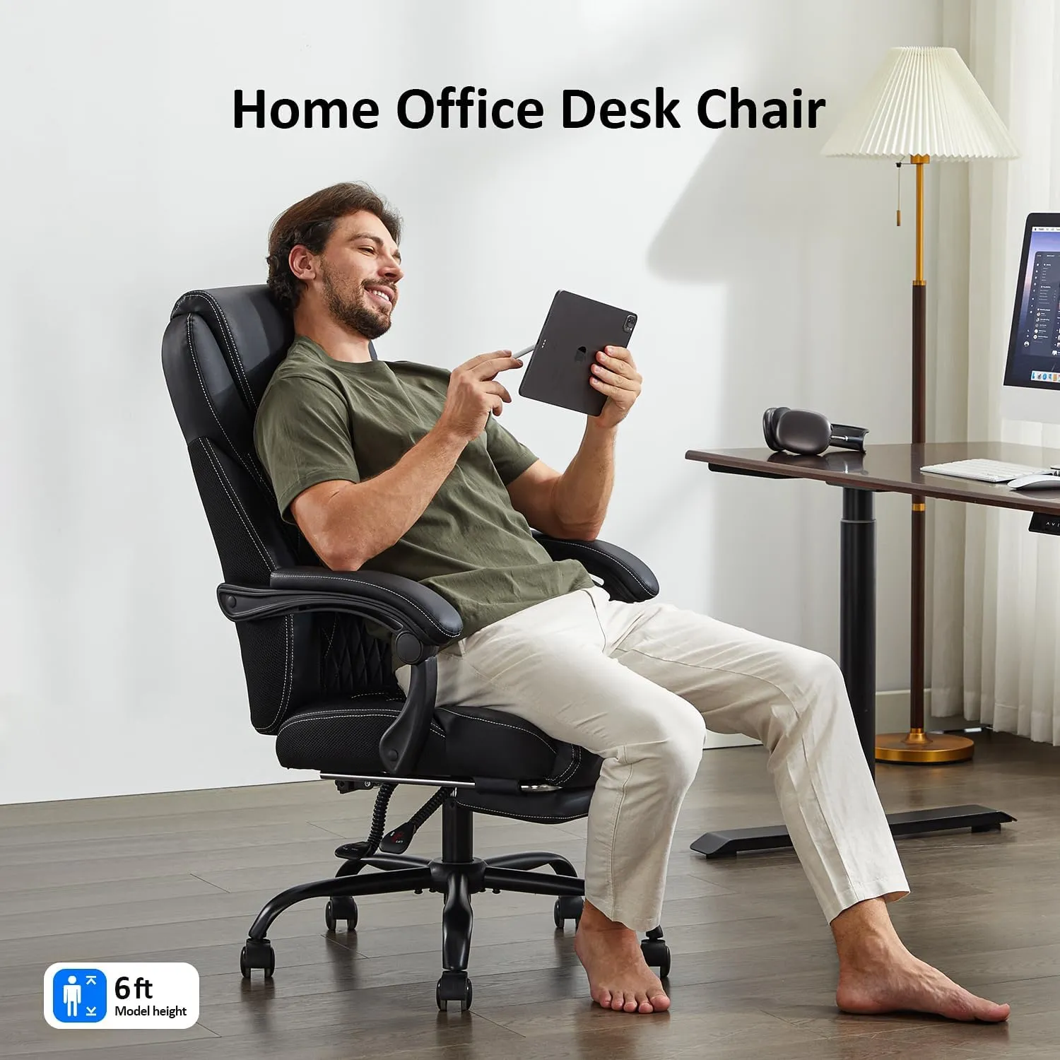 Office Chair, Big and Tall Office Chair with Foot Rest Ergonomic Chair Home Office Desk Chairs Reclining High Back Leather Chair with Lumbar Support(White)