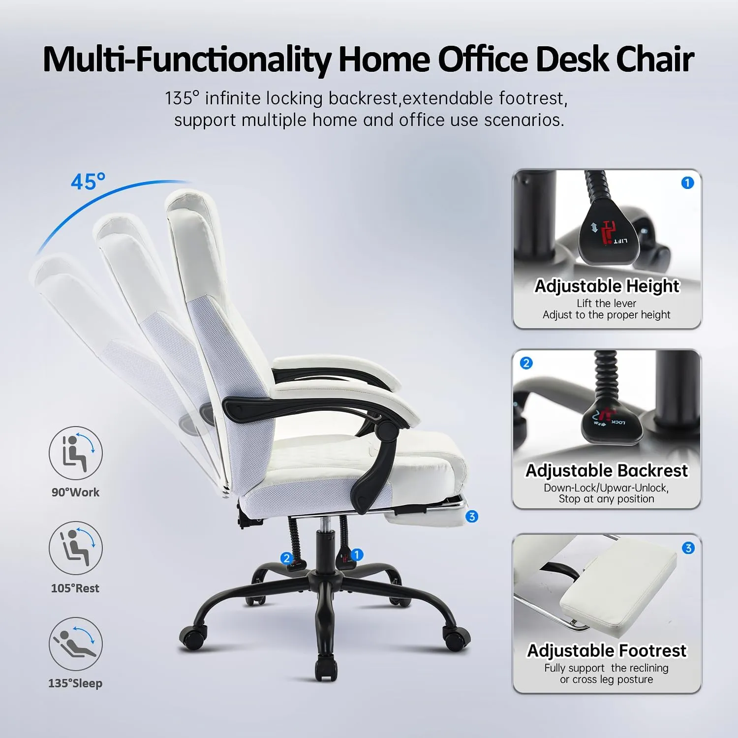 Office Chair, Big and Tall Office Chair with Foot Rest Ergonomic Chair Home Office Desk Chairs Reclining High Back Leather Chair with Lumbar Support(White)