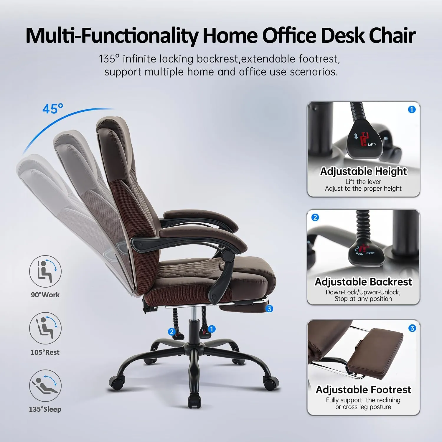 Office Chair, Big and Tall Office Chair with Foot Rest Ergonomic Desk Chairs Reclining High Back Leather Chairs with Lumbar Support(Brown)