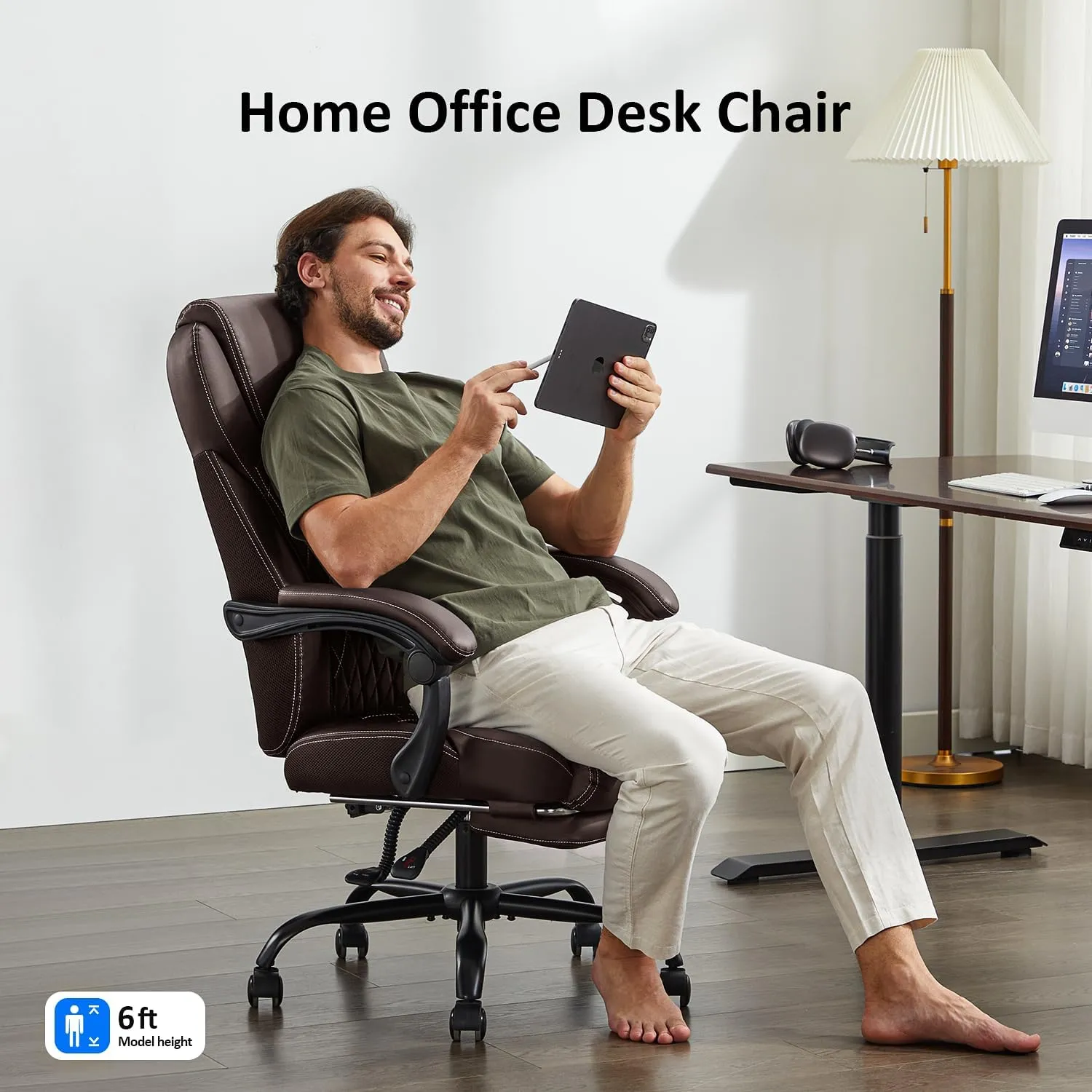 Office Chair, Big and Tall Office Chair with Foot Rest Ergonomic Desk Chairs Reclining High Back Leather Chairs with Lumbar Support(Brown)