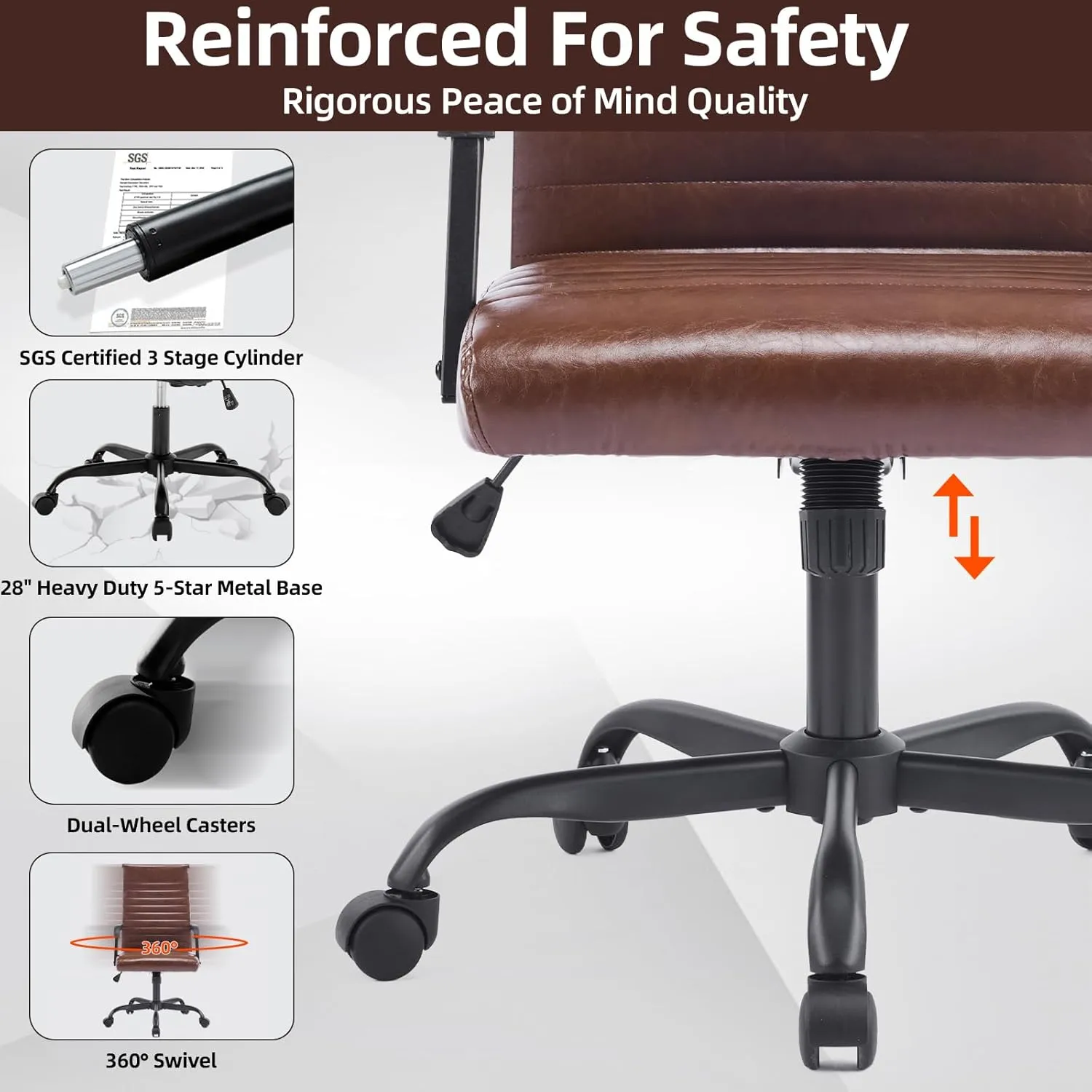 Office Chair, Ergonomic Executive Conference Room Chairs, Ribbed Leather Desk Chair with Lumbar Support, Adjustable Height Mid-Back Swivel Chair with Padded Seat and Square Tube Armrests