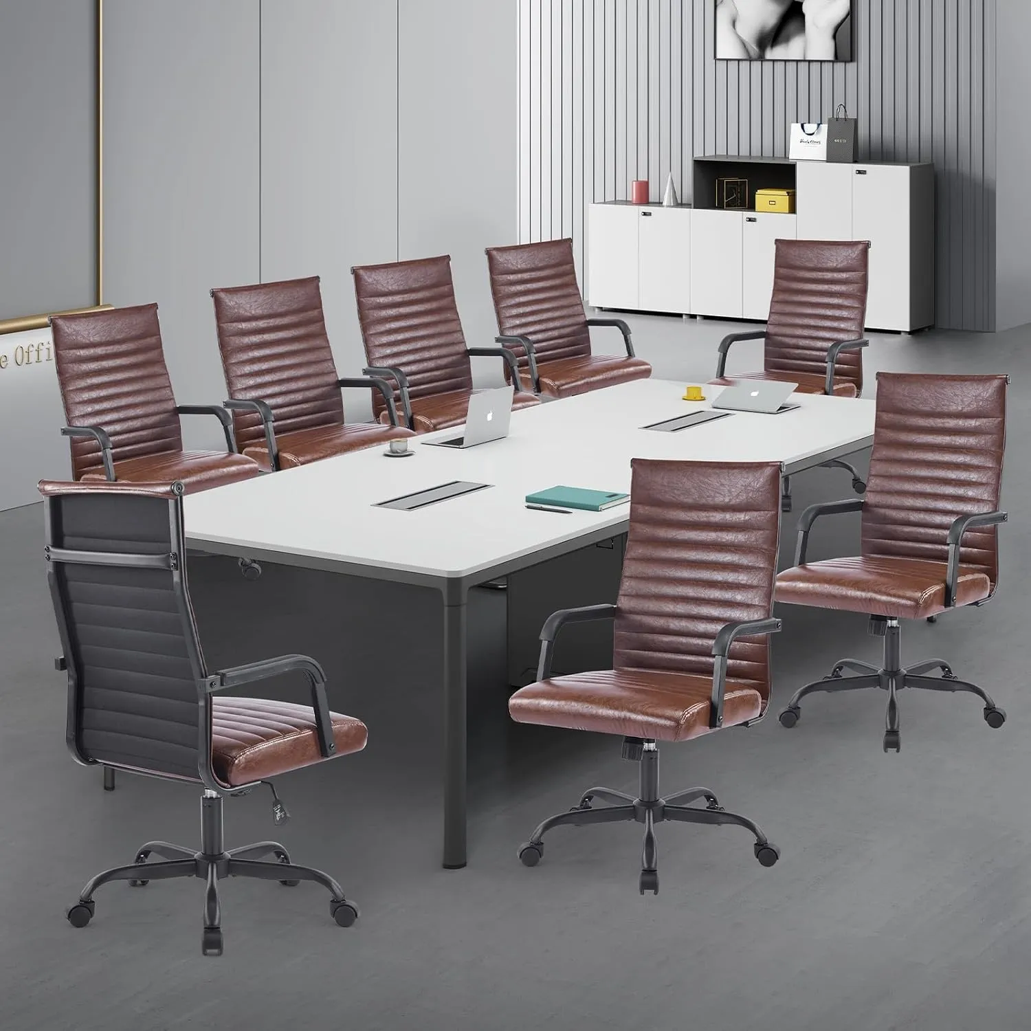 Office Chair, Ergonomic Executive Conference Room Chairs, Ribbed Leather Desk Chair with Lumbar Support, Adjustable Height Mid-Back Swivel Chair with Padded Seat and Square Tube Armrests