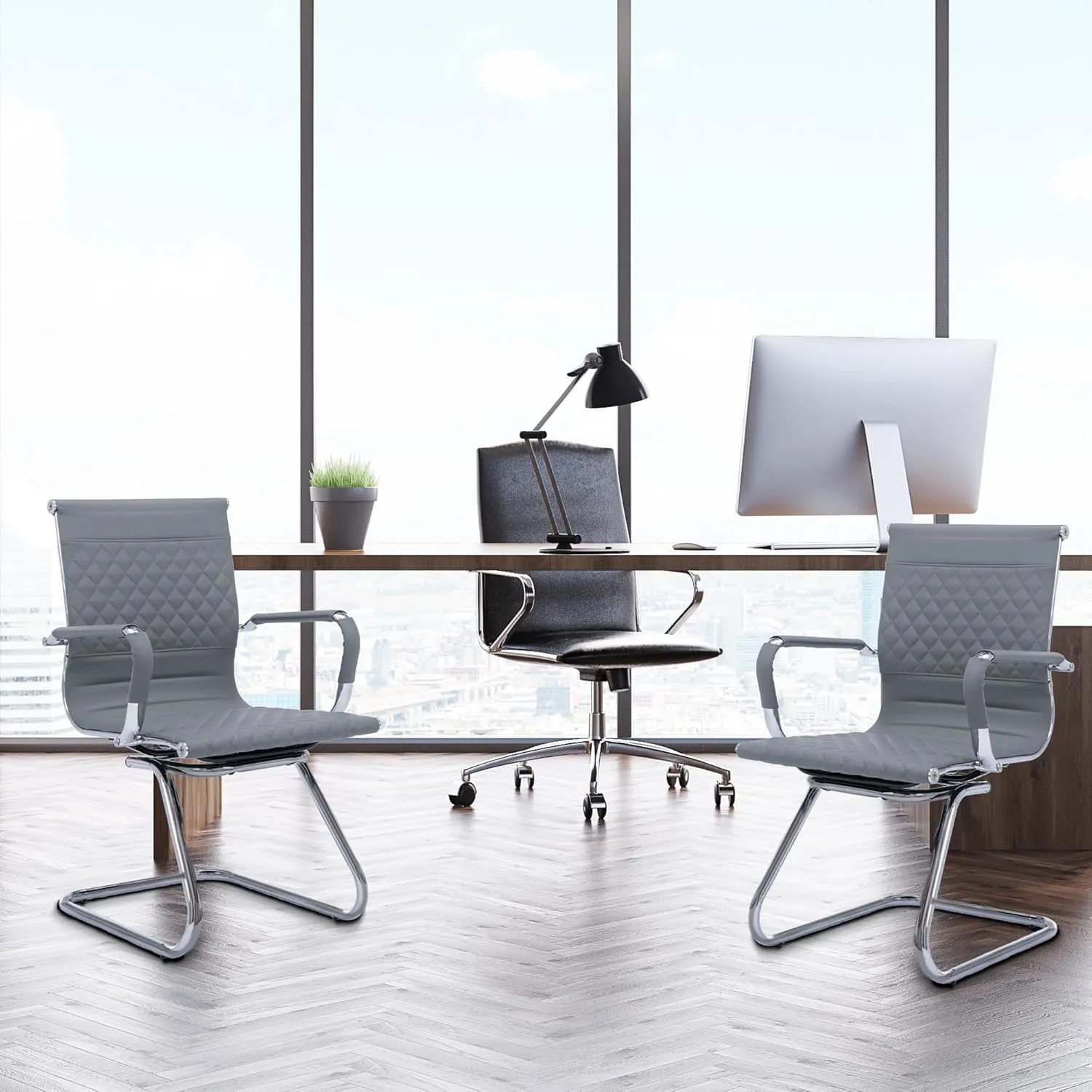 Office Guest Chairs - Set of 2 Modern PU Leather Desk Chairs with Mid Back, Grey