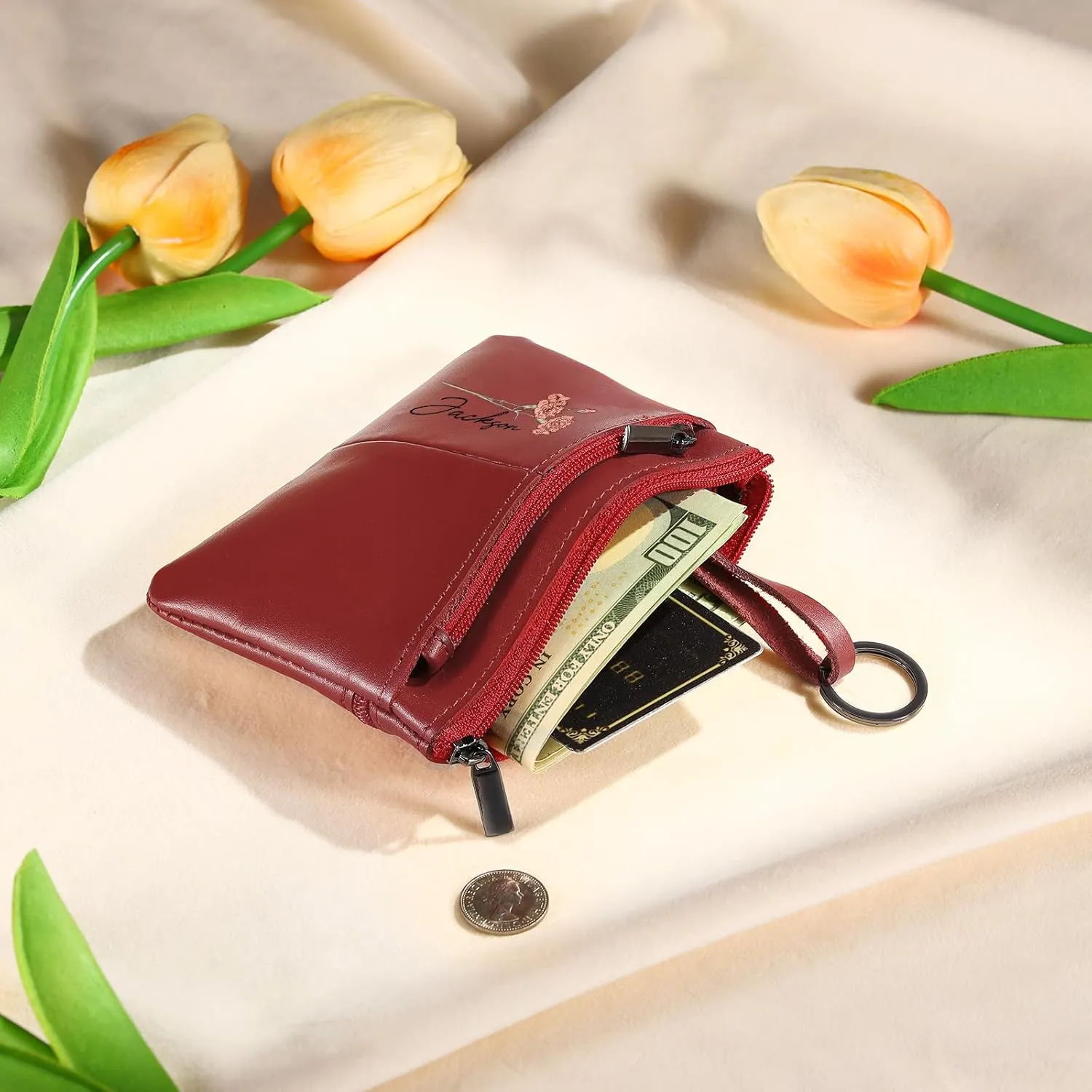OPALSTOCK Personalized Leather Wallet for Women – Custom Name Purse with Engraved Birth Flower – Small Zipper Coin Wallet, Custom Ladies Purse – Gift for Mother's Day, Birthday Present (Styles 4)