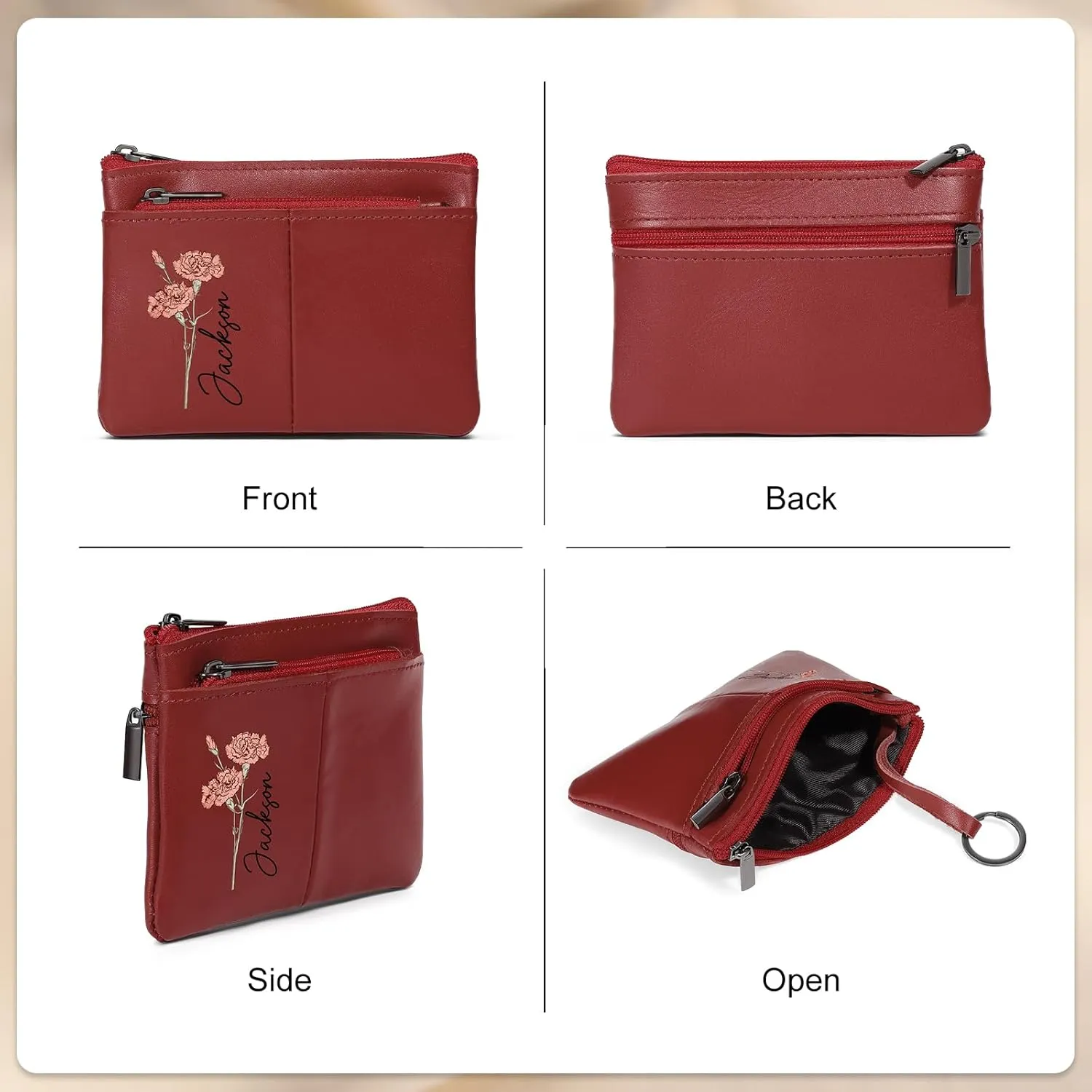 OPALSTOCK Personalized Leather Wallet for Women – Custom Name Purse with Engraved Birth Flower – Small Zipper Coin Wallet, Custom Ladies Purse – Gift for Mother's Day, Birthday Present (Styles 4)