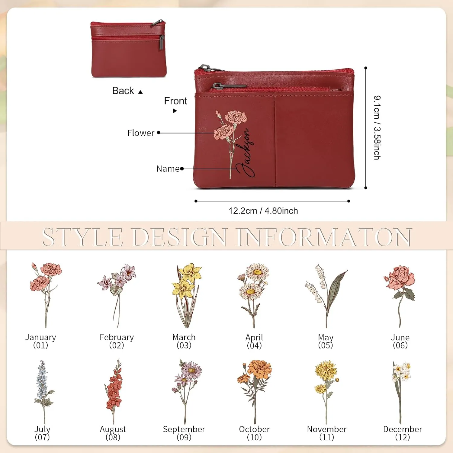 OPALSTOCK Personalized Leather Wallet for Women – Custom Name Purse with Engraved Birth Flower – Small Zipper Coin Wallet, Custom Ladies Purse – Gift for Mother's Day, Birthday Present (Styles 4)