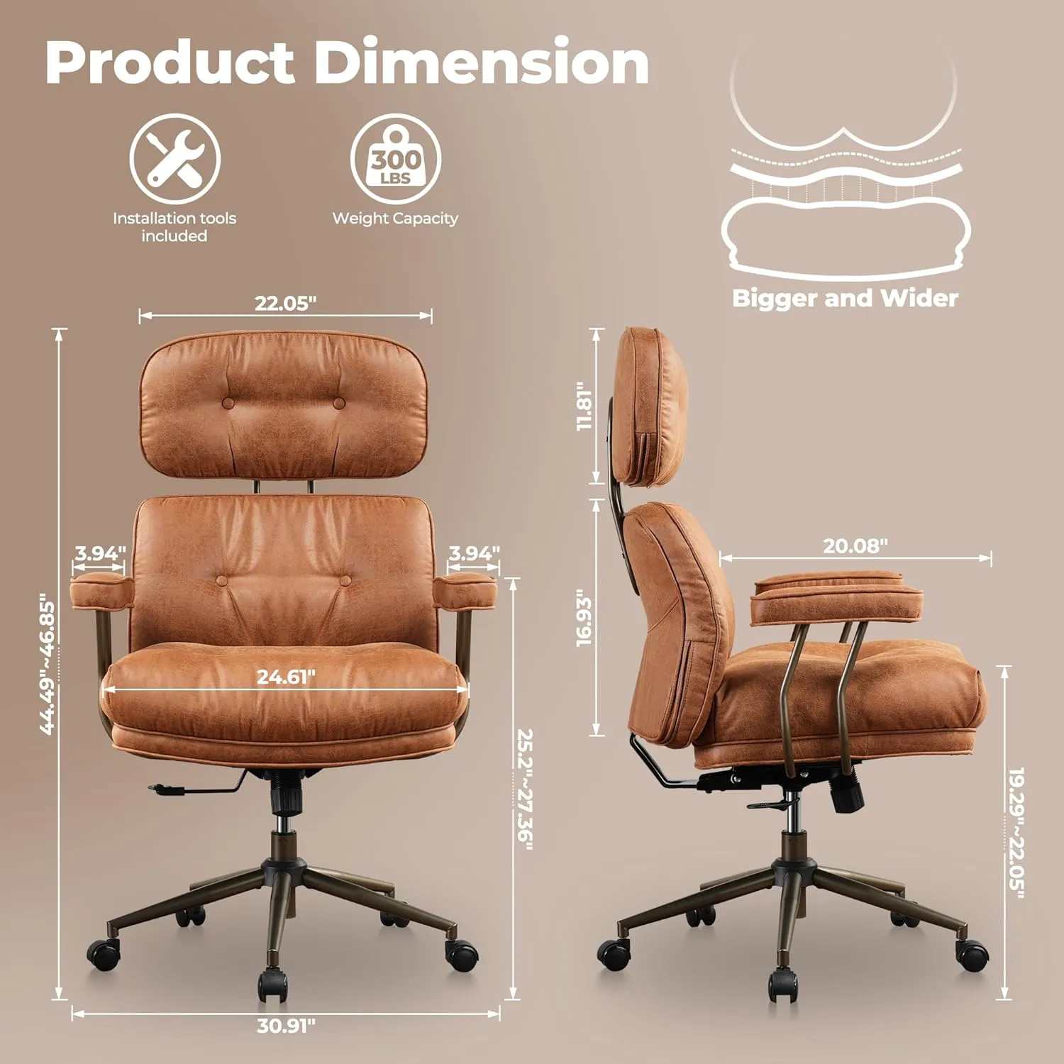 ovios Ergonomic Home Office Chair, Mid-Century Modern Faux Leather Chairs with Thickened Cushions, Comfy High Back Swivel Rolling Executive Computer Armchair (Brown, Suede Leather)