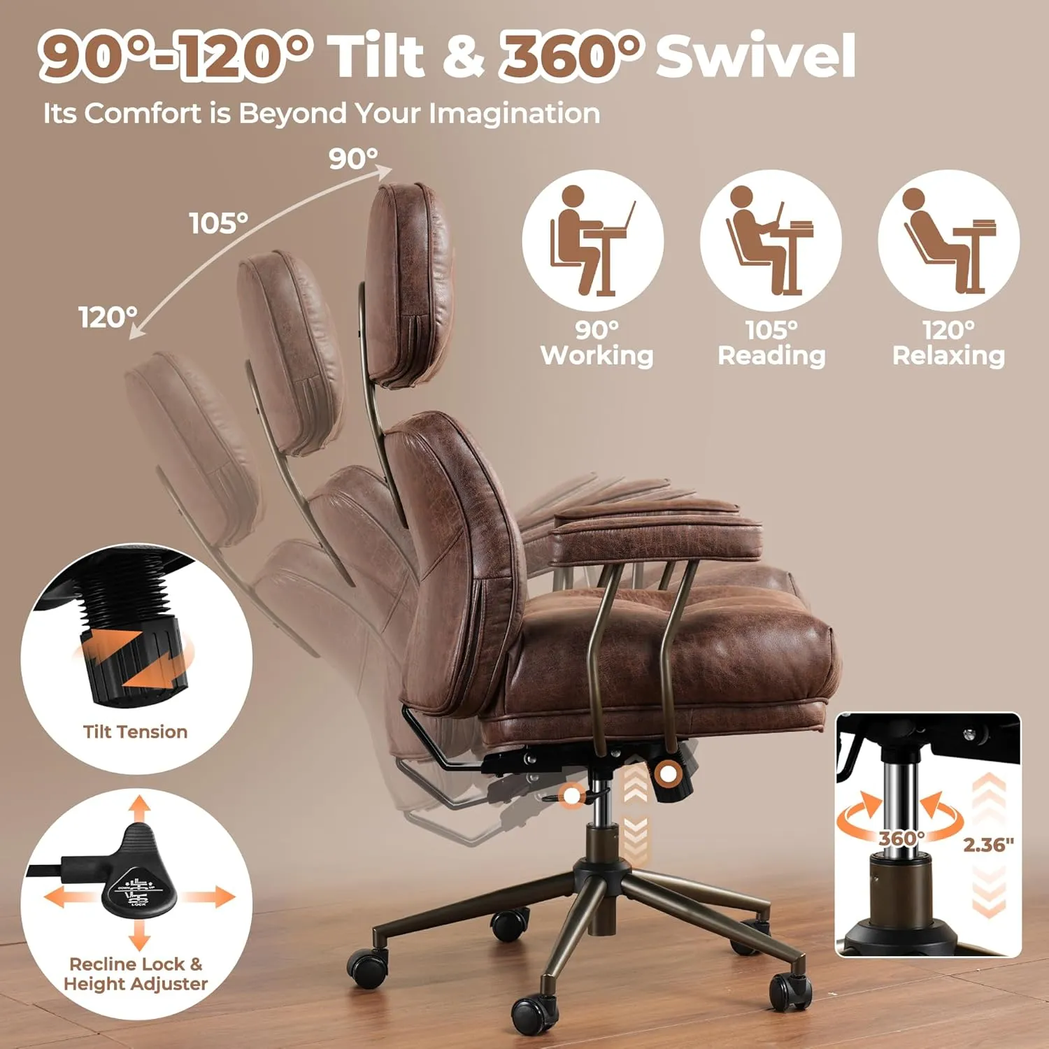 ovios Ergonomic Home Office Chair, Mid-Century Modern Faux Leather Chairs with Thickened Cushions, Comfy High Back Swivel Rolling Executive Computer Armchair (Dark Brown, Suede Leather)